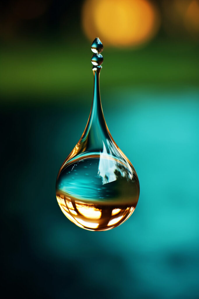 Ein kristallklarer, perfekt geformter Wassertropfen schwebt vor einem sanft verschwommenen Hintergrund in Grün- und Goldtönen.