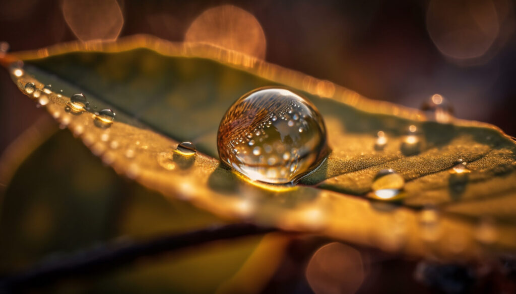 Makroaufnahme eines perfekten, klaren Wassertropfens auf einem grünen Blatt, der das goldene Morgenlicht einfängt.