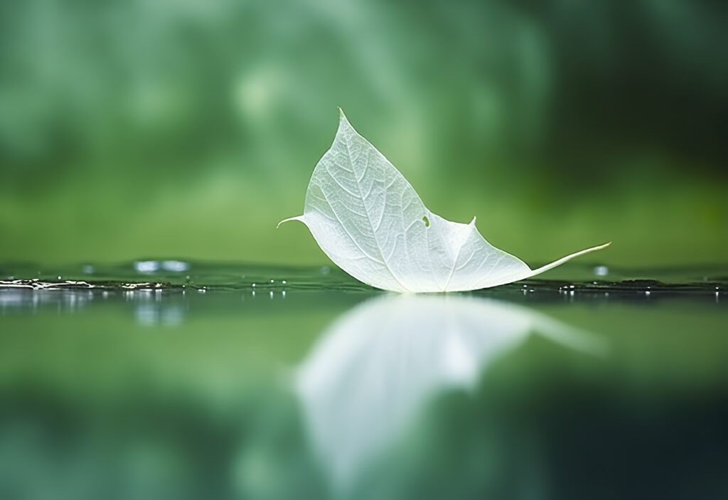 Ein zartes, durchscheinendes Blatt liegt auf einer stillen Wasseroberfläche und spiegelt sich darin, umgeben von sanftem Grün.