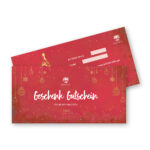 Ein festlich gestalteter Geschenkgutschein von Lotus Vita in Rot mit goldenen Weihnachtsmotiven.