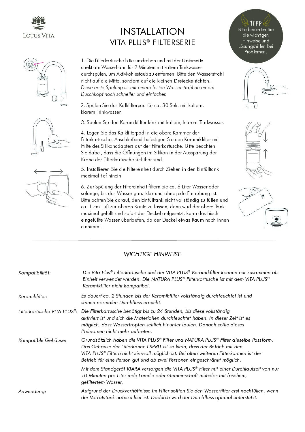 Informationsdokument mit wichtigen Hinweisen zu einer Wasserfilter-Serie von Lotus Vita.