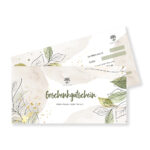 Ein Geschenkgutschein von Lotus Vita mit elegantem Blatt-Design und Goldakzenten für Produkte rund um die Wasseraufbereitung.