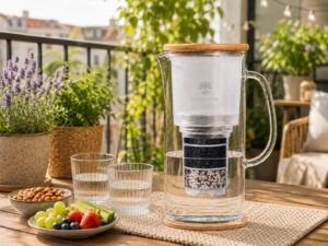Eine Wasserfilter-Karaffe aus Glas steht auf einem sonnigen Balkontisch, neben zwei gefüllten Wassergläsern, Obst und Nüssen.