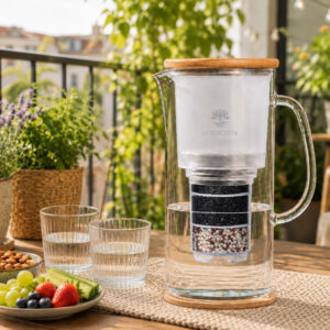 Eine Wasserfilter-Karaffe aus Glas steht auf einem sonnigen Balkontisch, neben zwei gefüllten Wassergläsern, Obst und Nüssen.