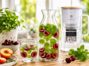Eine Glaskaraffe und ein Glas mit erfrischendem Wasser, verfeinert mit Kirschen und Zitronenmelisse, neben einem Wasserfilter-Krug von Lotus Vita.