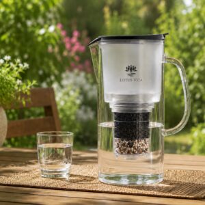 Ein Glas-Wasserfilterkrug von Lotus Vita und ein Glas gefiltertes Wasser stehen auf einem Holztisch in einem sonnigen Garten.