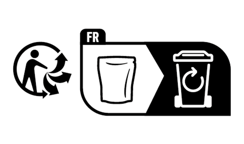 Französisches Triman-Recycling-Logo und Citeo-Anweisung, die zeigt, wie Verpackungen in der Recyclingtonne zu entsorgen sind.