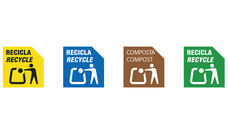 Vier verschiedene spanische Recycling- und Kompostierungsetiketten in den Farben Gelb, Blau, Braun und Grün.